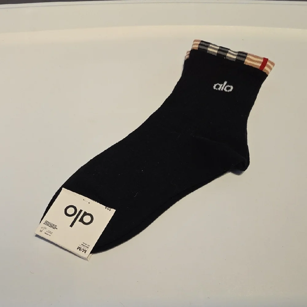 ALO Yoga Black Ankle Socks with Plaid Trim